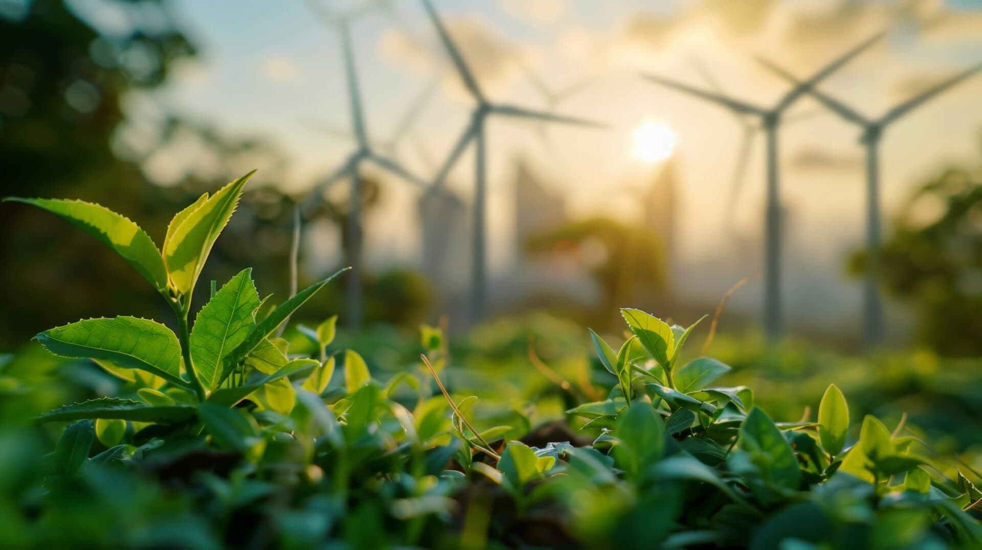 green foliage with blurred wind turnbines in the background