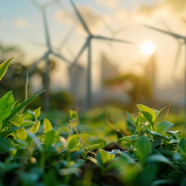 green foliage with blurred wind turnbines in the background