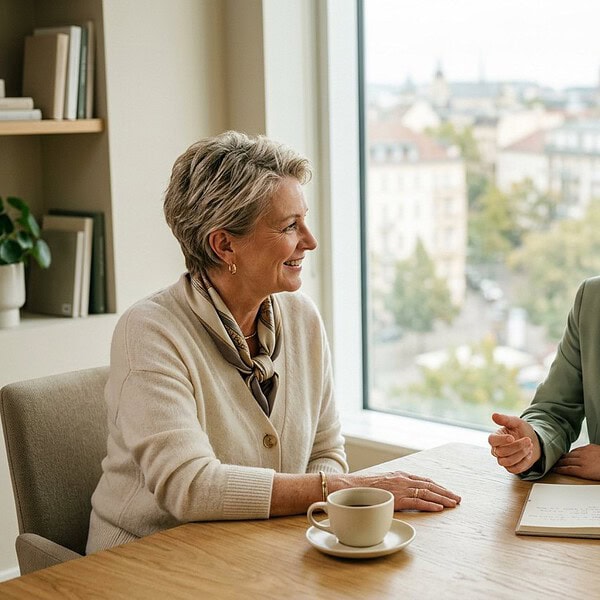 Private client in conversation with a female wealth adviser in a calm, light-filled office