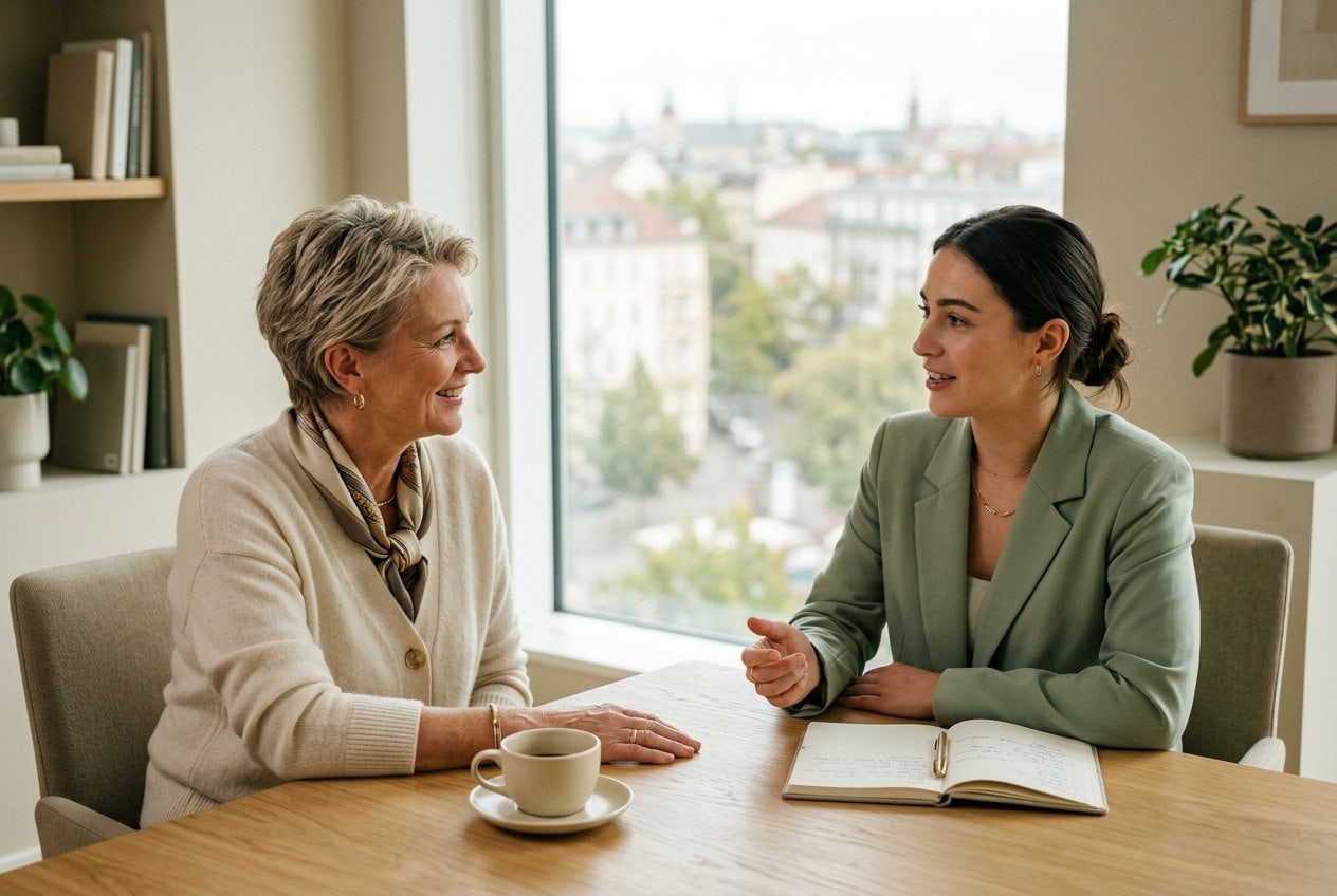 Private client in conversation with a female wealth adviser in a calm, light-filled office
